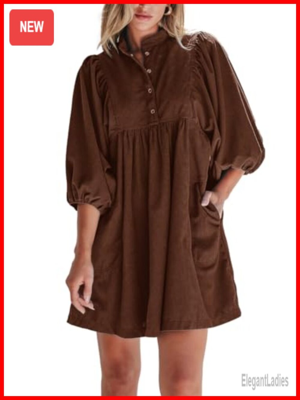 Corduroy Mini Babydoll Dress 3/4 Puff Sleeve V-Neck Fall Casual